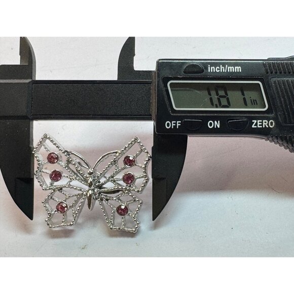 Estate Butterfly Brooch Silver Tone Pink Crystal Wings 1.81" x 1.41" 17.3g - Picture 3 of 5